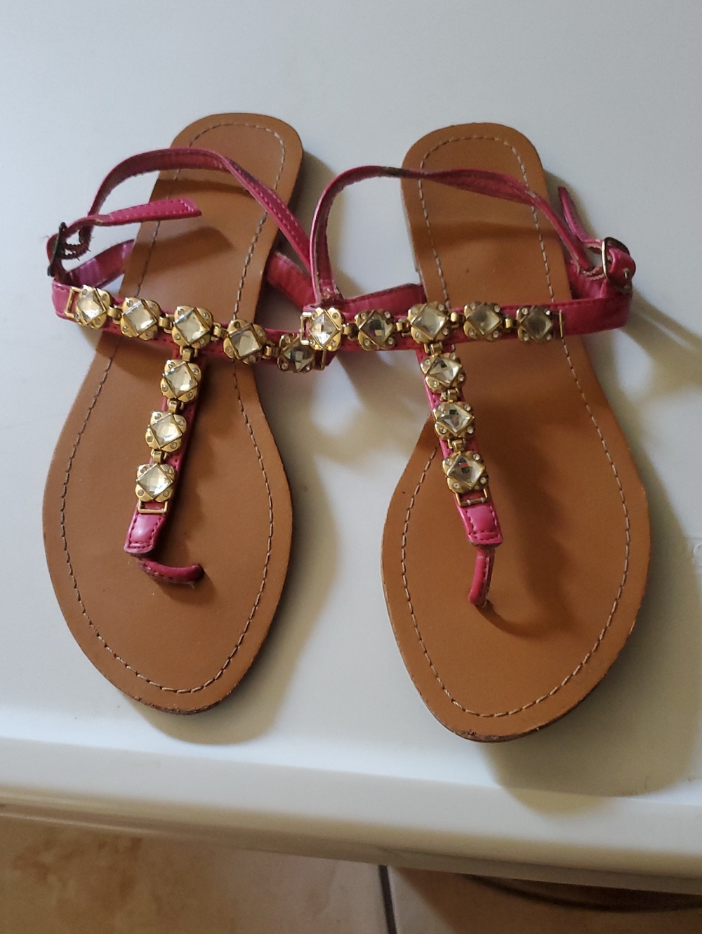Madeline Stuart Pink Jeweled T-Strap Sandals